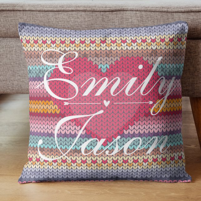 Cute Pastel Rosa Blue Heart Av Mönster Kudde (Cute Pastel Pink Blue Heart Knitted Pattern Throw Pillow)