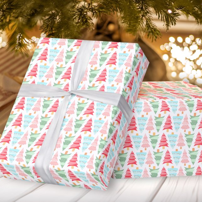 Cute Pastel Rosa Colorful Julgran Mönster Presentpapper (Cute Pastel Pink Colorful Christmas Tree Pattern Wrapping Paper)