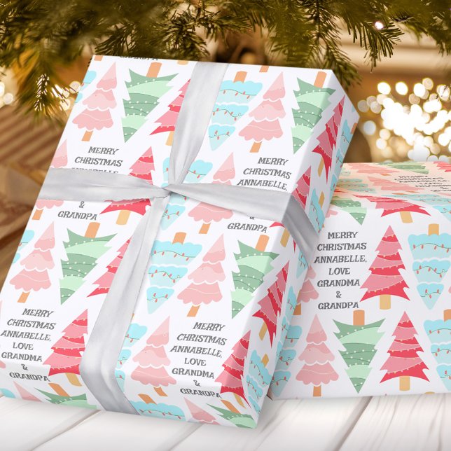 Cute Pastel Rosa Colorful Julgran Namn Presentpapper (Cute Pastel Pink Colorful Christmas Tree Name Wrapping Paper)