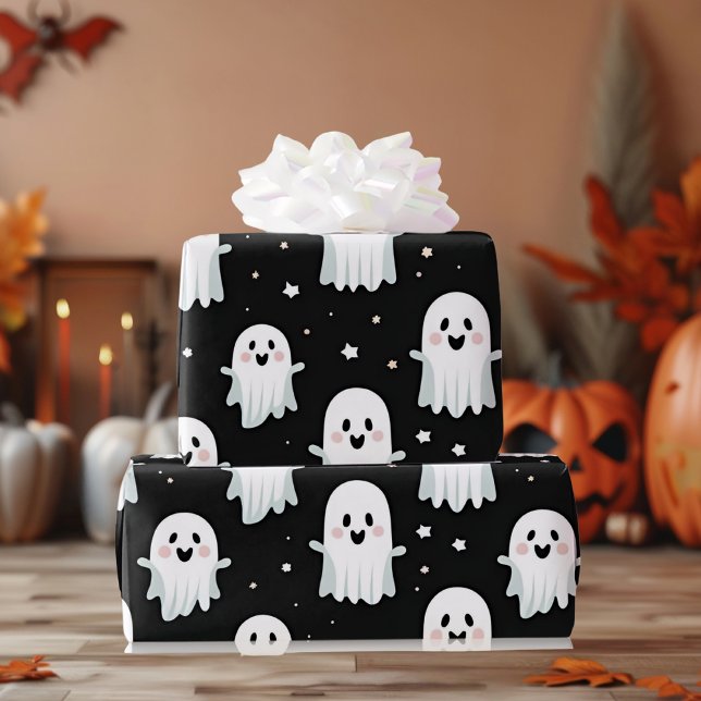 Cute Pastel Rosa Halloween Ghost & Pumpkin Presentpapper (Skapare uppladdad)