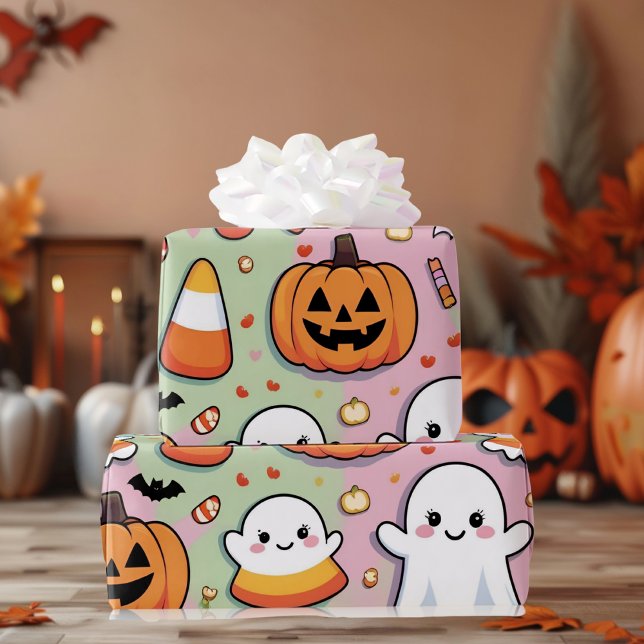 Cute Pastel Rosa Halloween Ghost & Pumpkin Presentpapper (Skapare uppladdad)