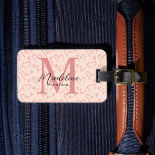 Cute Pastel Rosa Heart Mönster-skript Monogram Bagagebricka
