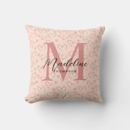 Cute Pastel Rosa Heart Mönster-skript Monogram Kudde
