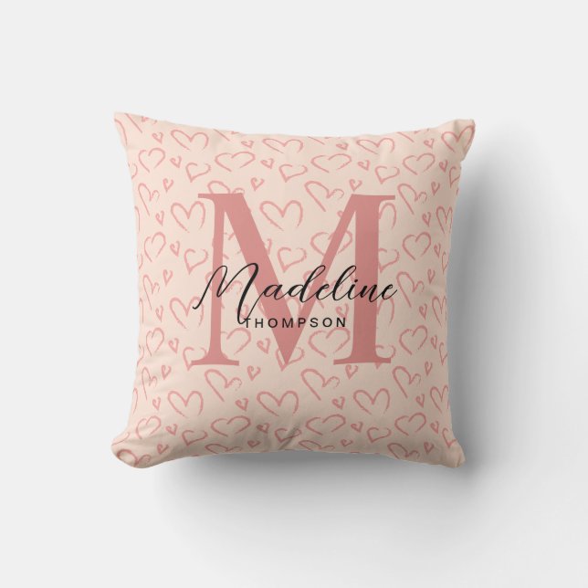 Cute Pastel Rosa Heart Mönster-skript Monogram Kudde (Framsida)