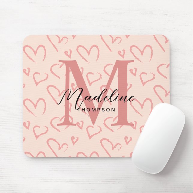 Cute Pastel Rosa Heart Mönster-skript Monogram Musmatta (Med mus)