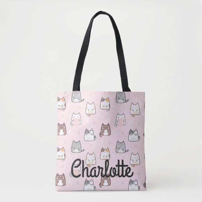 Cute Pastel Rosa Kawaii Cats Gnistra ditt namn  Tygkasse (Framsida)