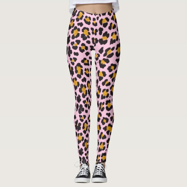 Cute Pastel Rosa Leopard Guld Glitter Leggings (Framsida)