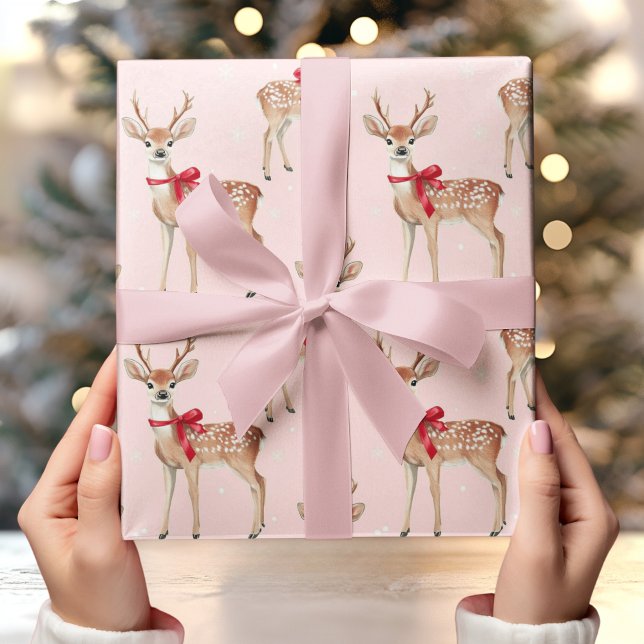 Cute Pastel Rosa med Hjort och Red Bow Presentpapper (Skapare uppladdad)