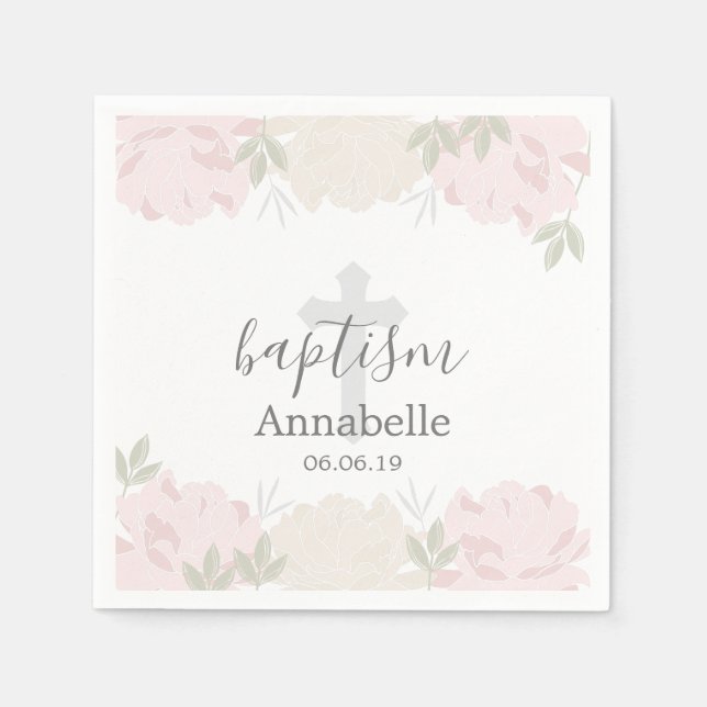 Cute Pastel Rosa Peonies Baby Baptism Pappersservett (Framsidan)