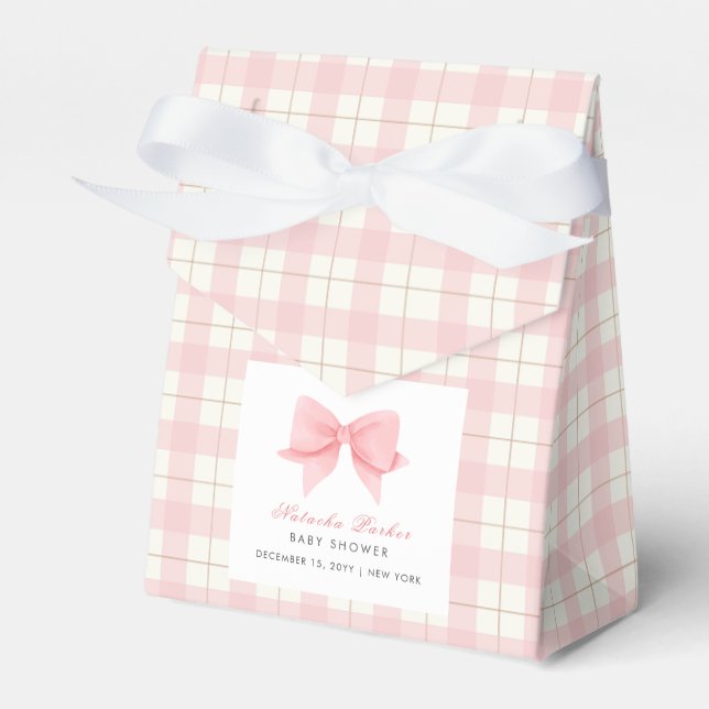 Cute Pastel Rosa Play Gingham Bow Baby Shower Presentaskar (Framsidan Sidan)