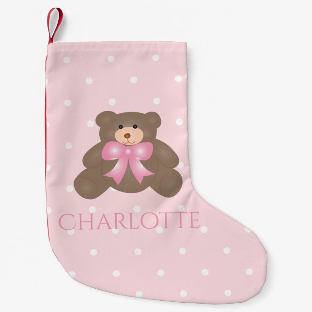 Cute Pastel Rosa Ribbon Sweet Nalle Flicka Liten Julstrumpa (Framsidan)