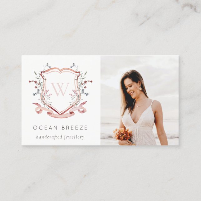 Cute Pastel Rosa WildblommPhoto Vapensköld Monogra Visitkort (Framsida)