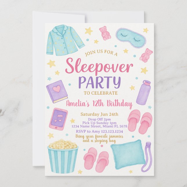 Cute Pastel Sleepover Birthday-inbjudan Inbjudningar (Framsida)
