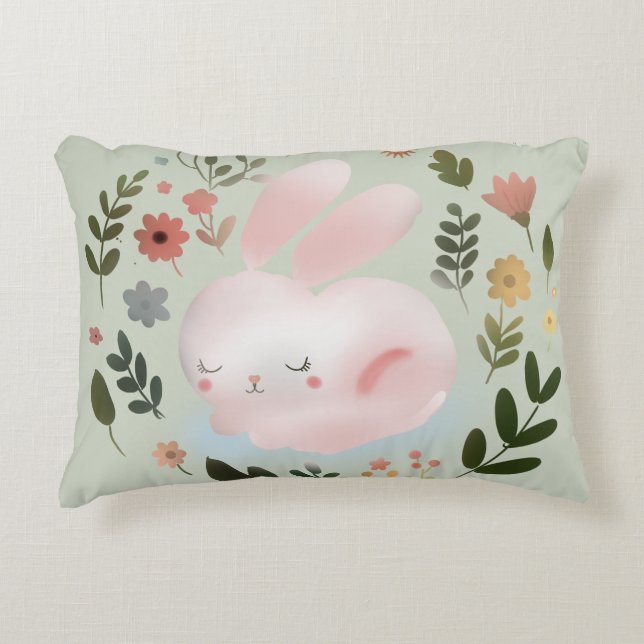 Cute Pastel Spring Bunny Floral Wreath Nursery Art Prydnadskudde (Framsidan)