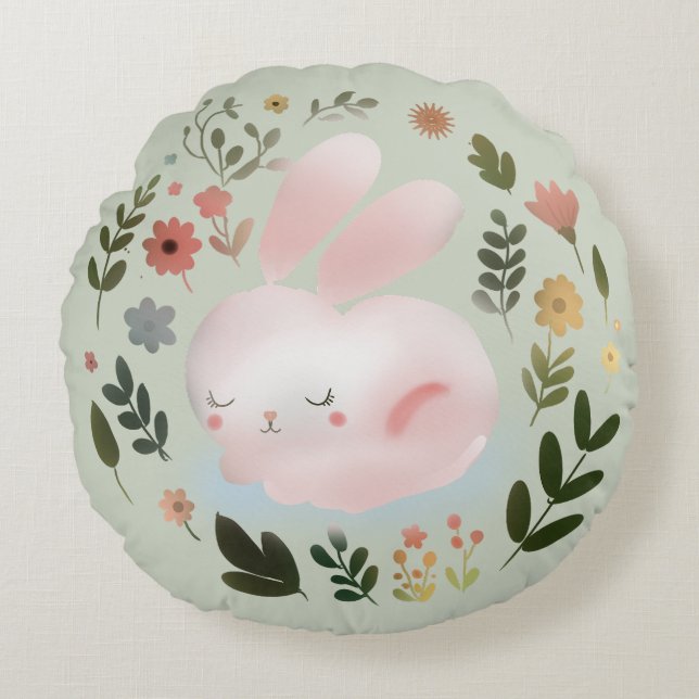 Cute Pastel Spring Bunny Floral Wreath Nursery Art Rund Kudde (Framsidan)