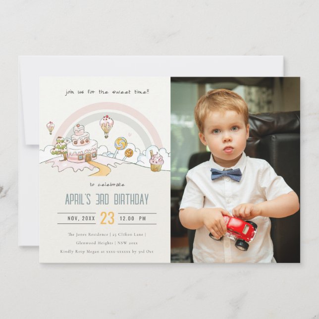 Cute Pastel Sweet Time Candy Land Photo` Birthday Inbjudningar (Framsida)