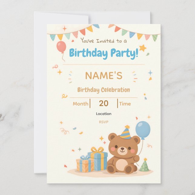 Cute Pastel Teddy Bear Kids Birthday Invitation Inbjudningar (Framsida)