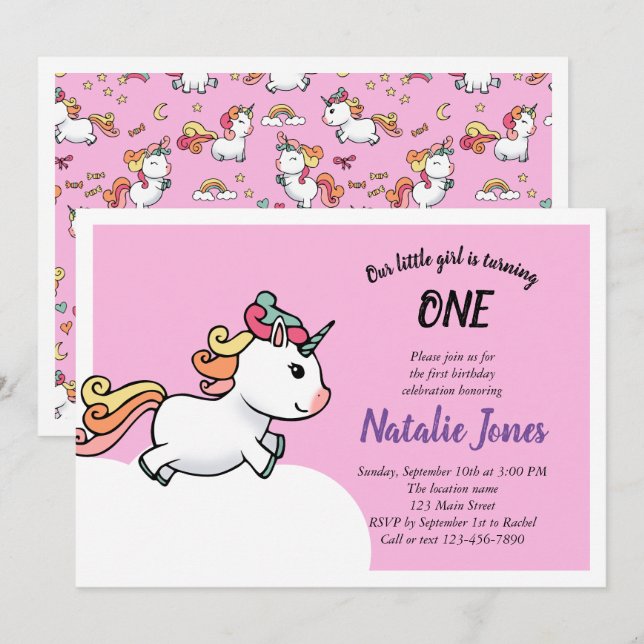Cute pastel Unicorn 1 födelsedagsinbjudan Inbjudningar (Fram/baksida)