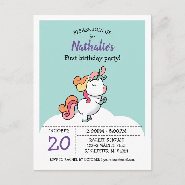 Cute pastel Unicorn 1 födelsedagsinbjudan Vykort (Framsida)