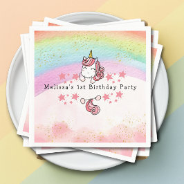 Cute Pastel Unicorn & Rainbow First Birthday Pappersservett