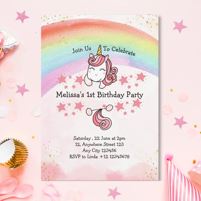 Cute Pastel Unicorn & Rainbow First Födelsedagsfes Inbjudningar (Skapare uppladdad)