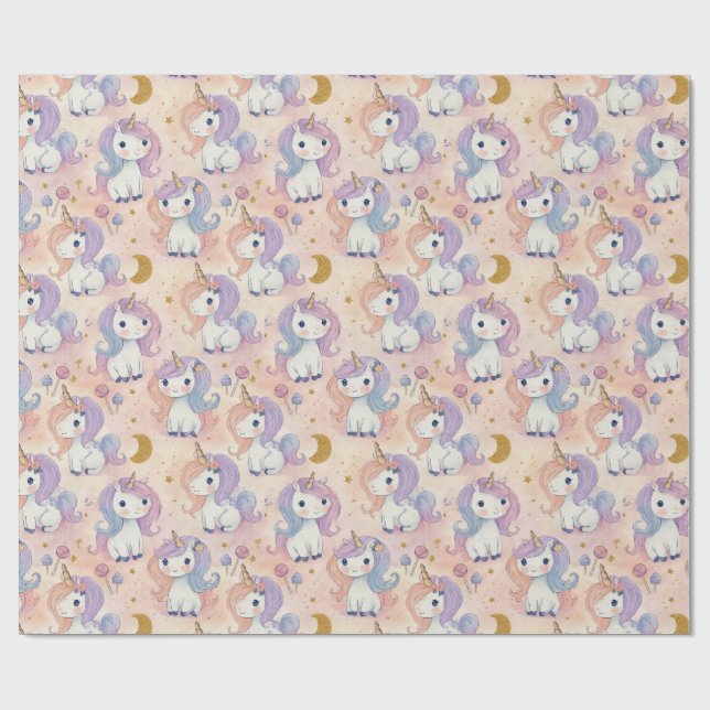 Cute Pastel Unicorn Wrapping Papper Presentpapper (Platt)