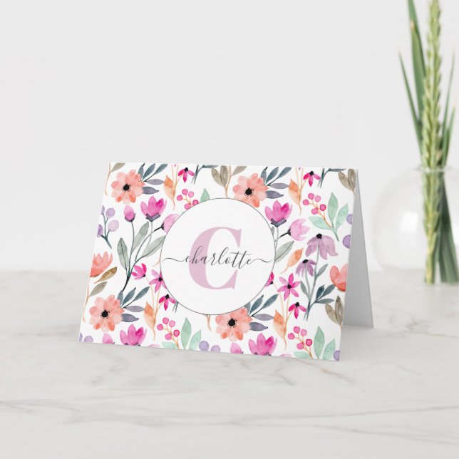 Cute Pastel Watercolor Flowers Monogramme Kort (Framsida)