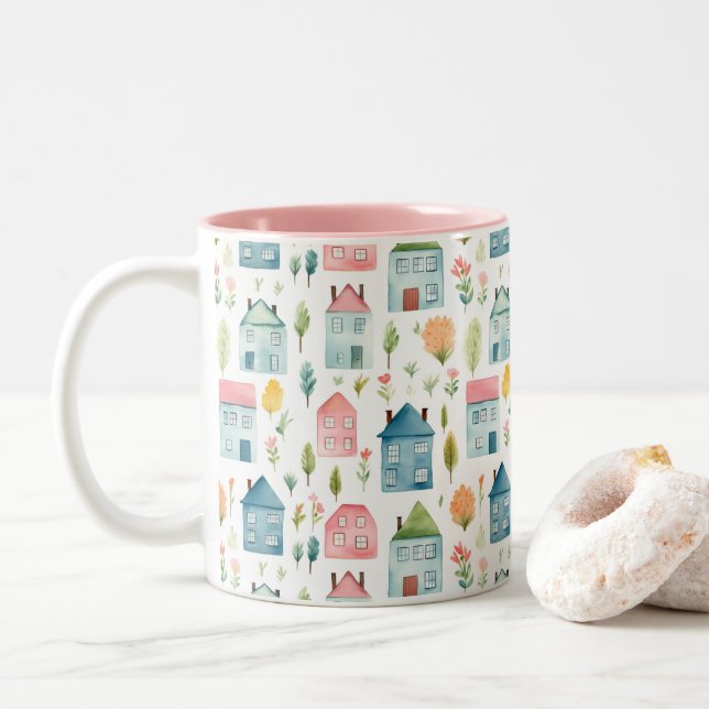 Cute Pastel Watercolor Houses Två-Tonad Mugg (Med munk)