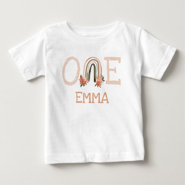 Cute Pastel Watercolor Rainbow 1 Birthday Blommigt T Shirt (Framsida)