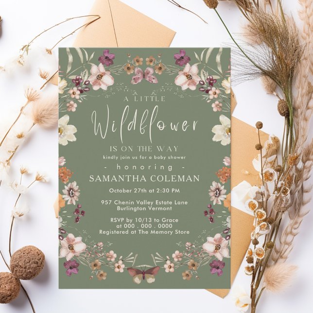 Cute Pastel Wildblomme Sage Grönt Baby Shower Inbjudningar (Skapare uppladdad)