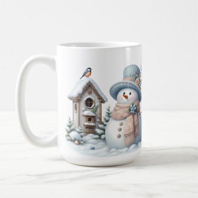 CUTE PASTEL WINTER SNÖGUBBE & BIRDHOUSE KAFFEMUGG (Vänster)
