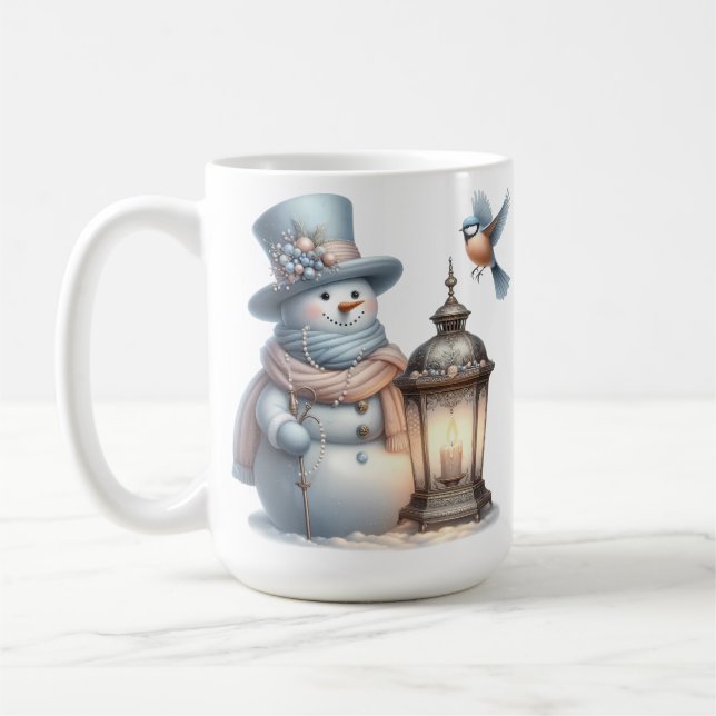 CUTE PASTEL WINTER SNÖGUBBE & LANTERN & BIRD KAFFEMUGG (Vänster)