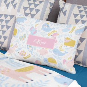Cute Pastel Zoo Animal Monogrammed Girl Rosa Prydnadskudde