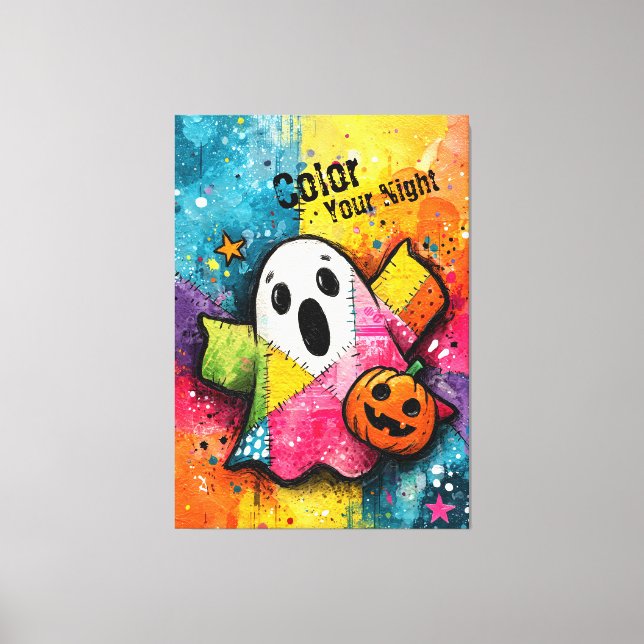 Cute Patchwork Ghost Colorful Splatter Art Canvastryck (Framsida)