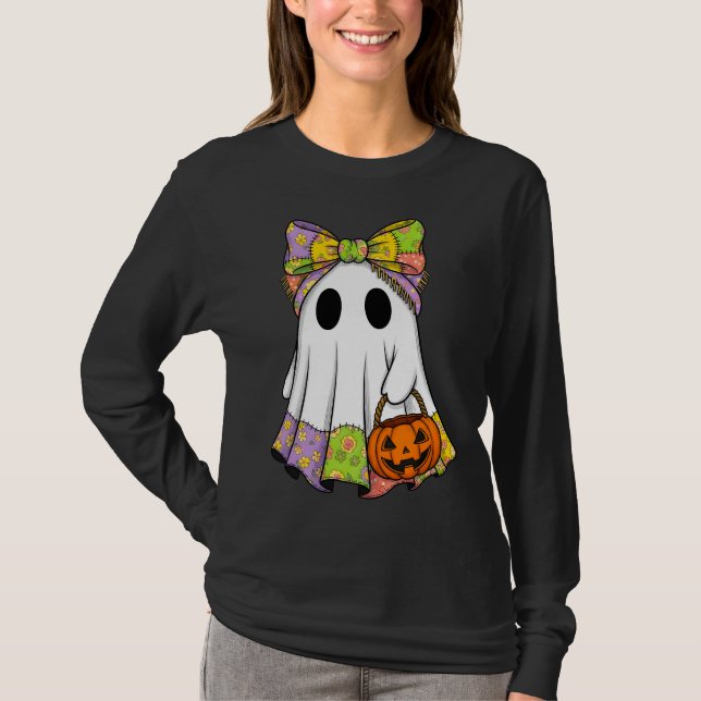Cute Patchwork Ghost med Pumpkin Basket T Shirt (Framsida)