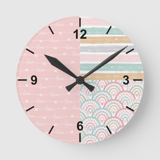Cute Patchwork Heareares Rainbows - Pastel Wall Cl Rund Klocka (Framsida)