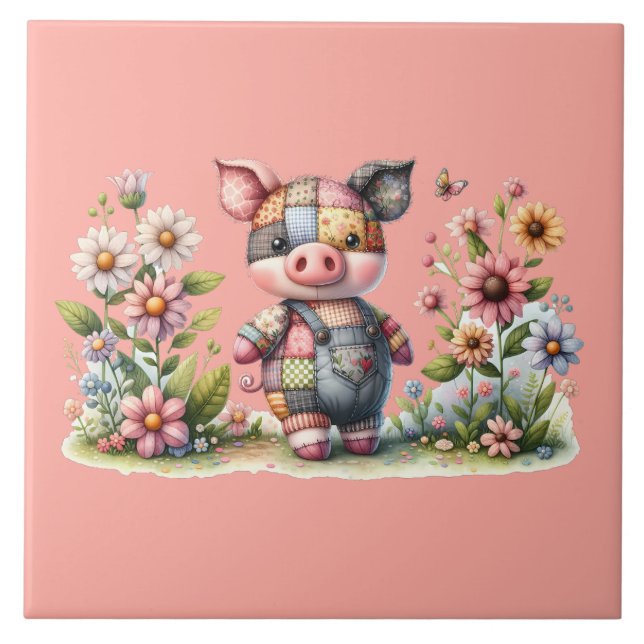 Cute Patchwork Piglet in Blommigt Garden Kakelplatta (Framsidan)