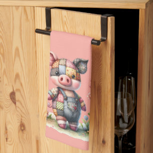 Cute Patchwork Piglet in Blommigt Garden Kökshandduk