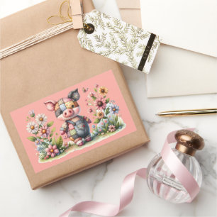 Cute Patchwork Piglet in Blommigt Garden Magnet Rektangulärt Klistermärke