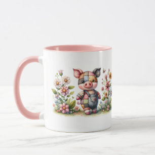 Cute Patchwork Piglet in Blommigt Garden Mugg