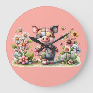 Cute Patchwork Piglet in Blommigt Garden Stor Klocka