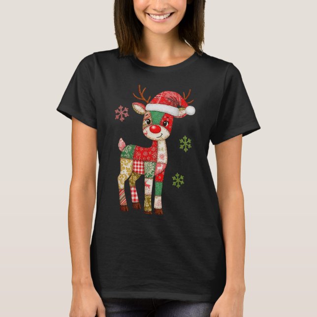 Cute Patchwork Reindeer jul Julafton Manar Kvinnor T Shirt (Framsida)