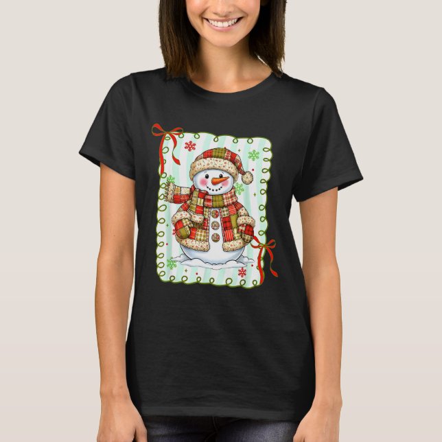 Cute Patchwork Snowman Bow Christmas Xmas Men Wome T Shirt (Framsida)
