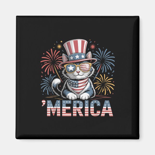 Cute Patriotic Cat "Merica 4:e juli Memorial Da Magnet (Framsidan)