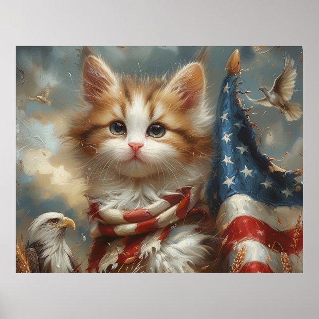 Cute Patriotic Cat Wraped i USA flagga Poster (Framsidan)