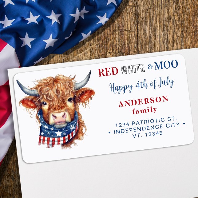 Cute Patriotic Cow 4:e juli-Returadressen Adressetikett (Skapare uppladdad)