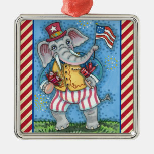 CUTE PATRIOTIC ELEPHANT WAVING AMERICAN FLAGGA JULGRANSPRYDNAD METALL