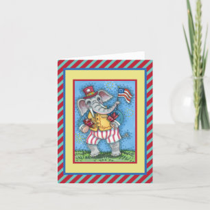 CUTE PATRIOTIC ELEPHANT WAVING AMERICAN FLAGGA KORT