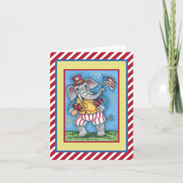 CUTE PATRIOTIC ELEPHANT WAVING AMERICAN FLAGGA KORT (Framsida)