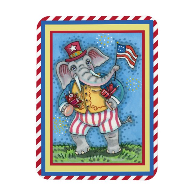 CUTE PATRIOTIC ELEPHANT WAVING AMERICAN FLAGGA MAGNET (Vertikal)